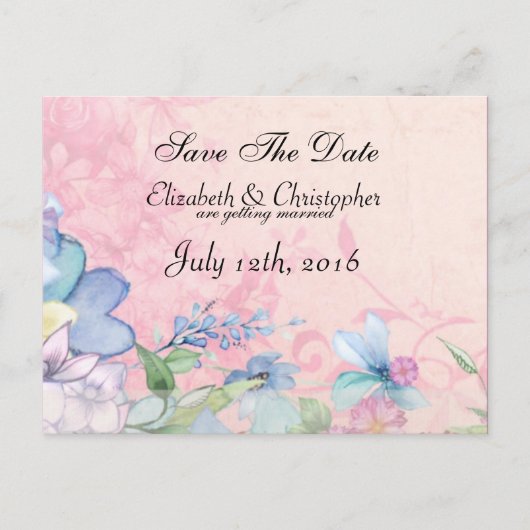 Roze en Blauw Bloemen Bruiloft Save The Date Aankondigingskaart (Voorkant)