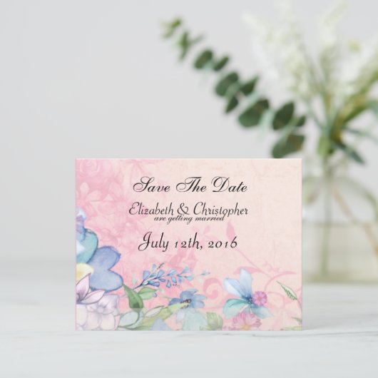 Roze en Blauw Bloemen Bruiloft Save The Date Aankondigingskaart (Staand voorkant)