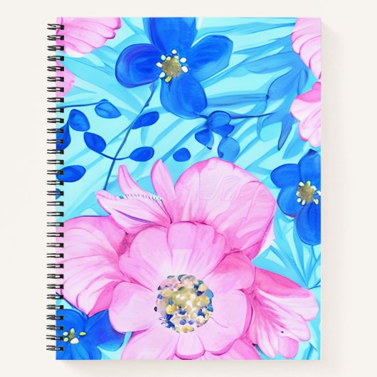 Roze en Blauw Bloemen Spiral Notitieboek (Voorkant)