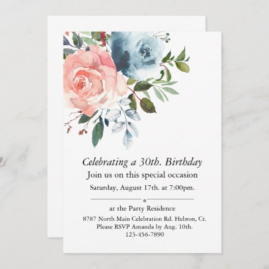 Roze en Blauw Bloemen Verjaardag Kaart (Voorkant / Achterkant)