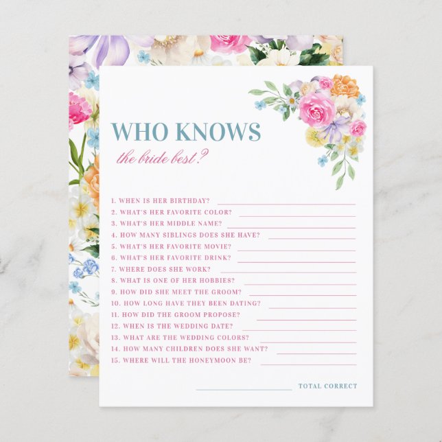 Roze en Blauw Bloemen Wie kent de Bruid Beste Spel (Voorkant / Achterkant)