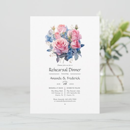 Roze en Blauw Bloemenbruiloft repetitie diner Kaart (Staand voorkant)