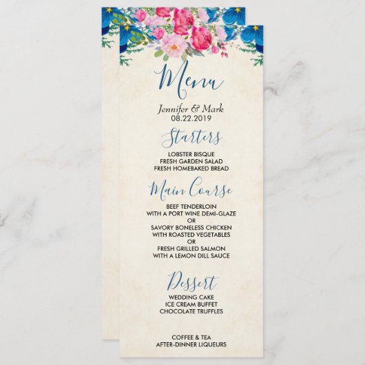 Roze en Blauw Bloemengrens Bruiloft Menu Kaart (Voorkant / Achterkant)