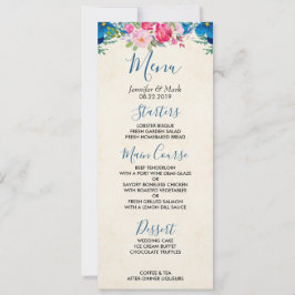  Roze en Blauw Bloemengrens Bruiloft Menu Kaart