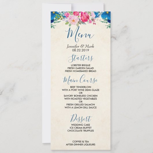 Roze en Blauw Bloemengrens Bruiloft Menu Kaart (Voorkant)