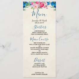Roze en Blauw Bloemengrens Bruiloft Menu Kaart