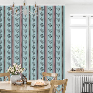 Roze en blauw  bloemenstreeppatroon behang