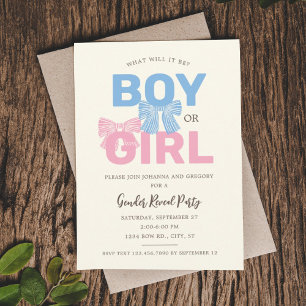 Roze en Blauw Bow Baby Gender Reveal Kaart