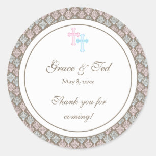 Roze en Blauw Damask Cross Favor Sticker