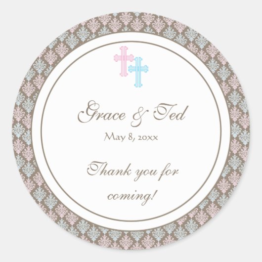 Roze en Blauw Damask Cross Favor Sticker (Voorkant)