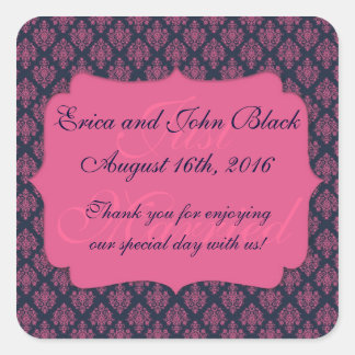 Roze en Blauw Damask Trouwgunst Dank u Vierkante Sticker