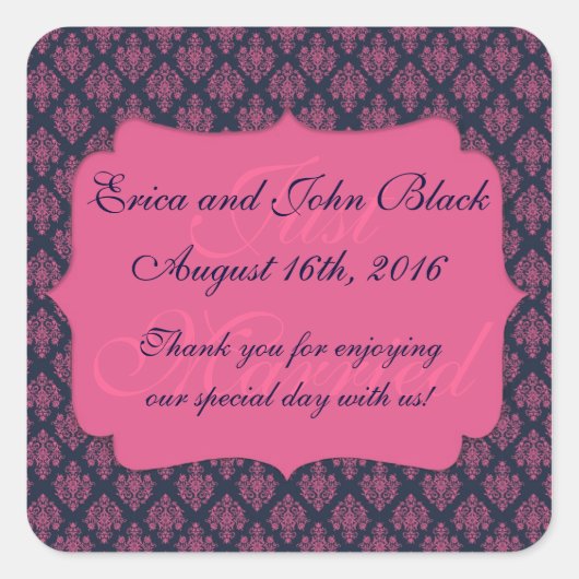 Roze en Blauw Damask Trouwgunst Dank u Vierkante Sticker (Voorkant)