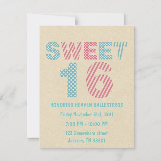 Roze en blauw design Sweet Sixteen nodigt uit Kaart (Voorkant)