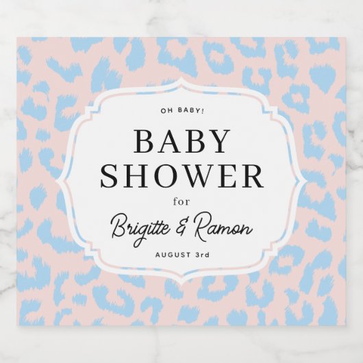 Roze en Blauw Dierenprint Baby shower Sparkling Wijnetiket (Enkel label)