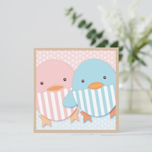 Roze en blauw Ducky Twin Boy & Girl Baby shower Kaart (Staand voorkant)