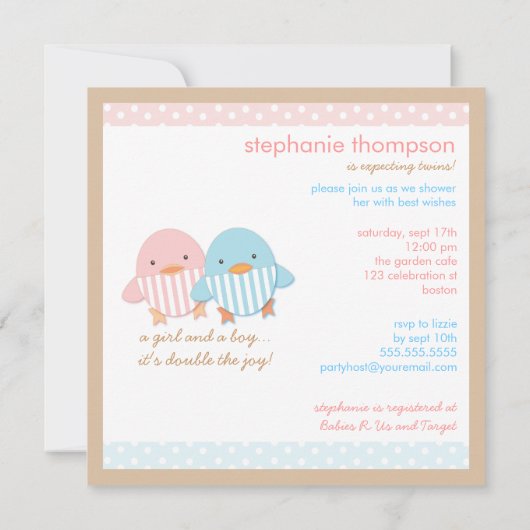 Roze en blauw Ducky Twin Boy & Girl Baby shower Kaart (Achterkant)