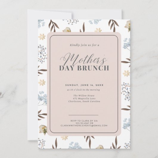 Roze en Blauw Elegante Bloemen Moederdag Brunch Kaart (Voorkant)