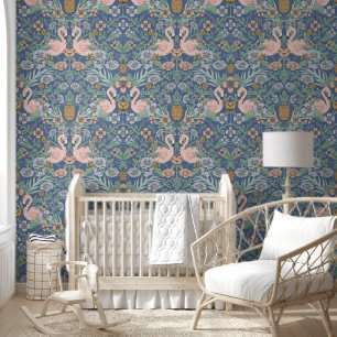Roze en Blauw Flamingo Bloemen Damask Behang