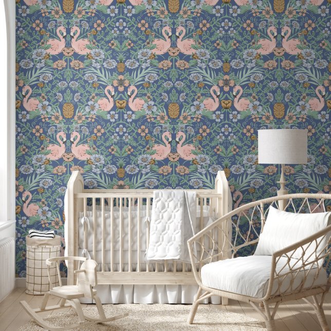 Roze en Blauw Flamingo Bloemen Damask Behang (Kinderen)