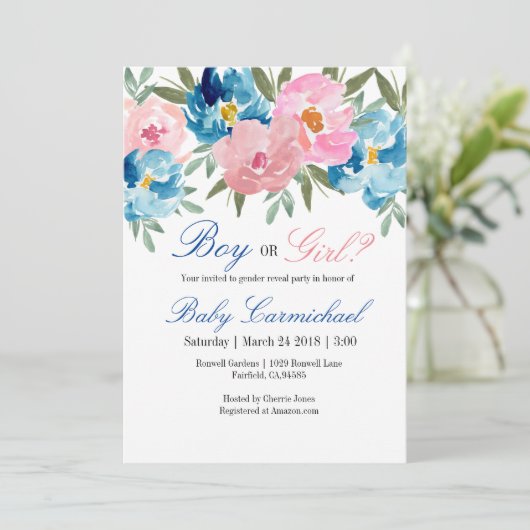 Roze en blauw florese onthullen uitnodiging (Staand voorkant)