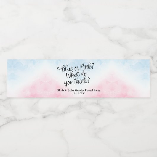 Roze en Blauw Gender onthullen Script Baby shower Waterfles Etiket (Enkel label)