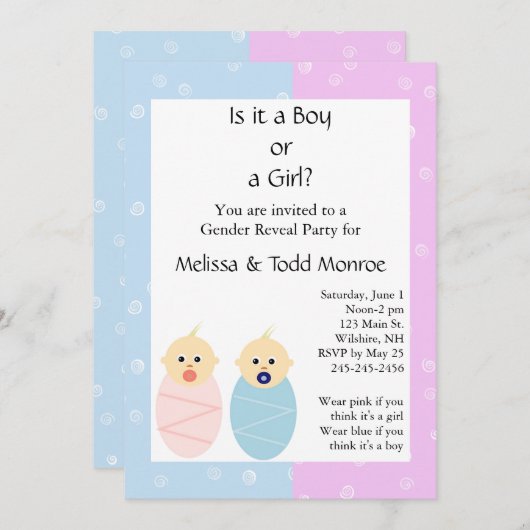 Roze en Blauw Genderfeest Uitnodiging (Voorkant / Achterkant)