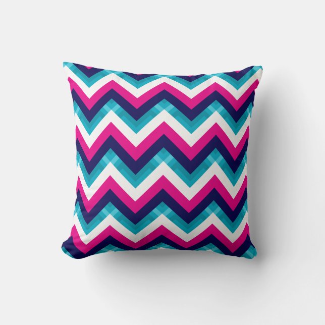Roze en Blauw Geometrisch Chevron Patroon Kussen (Voorkant)