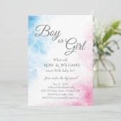 Roze en Blauw Geslacht Onthullen Party Jongen of M Kaart (Staand voorkant)