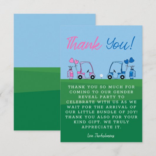 Roze en Blauw Golf Gender Reveal Party Bedankkaart (Voorkant / Achterkant)