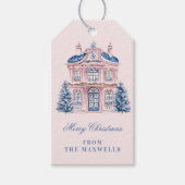 Roze en Blauw Grandmillennial Christmas House Cadeaulabel (Voorkant)