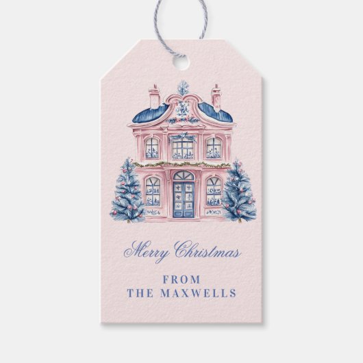 Roze en Blauw Grandmillennial Christmas House Cadeaulabel (Voorkant)
