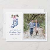 Roze en Blauw Grandmillennial Damask Stockin Foto Kaart (Voorkant)