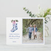 Roze en Blauw Grandmillennial Damask Stockin Foto Kaart (Staand voorkant)