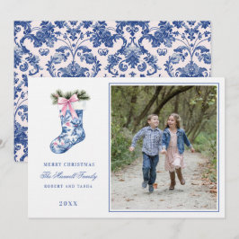 Roze en Blauw Grandmillennial Damask Stockin Foto Kaart