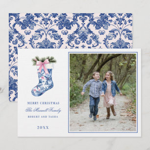 Roze en Blauw Grandmillennial Damask Stockin Foto Kaart