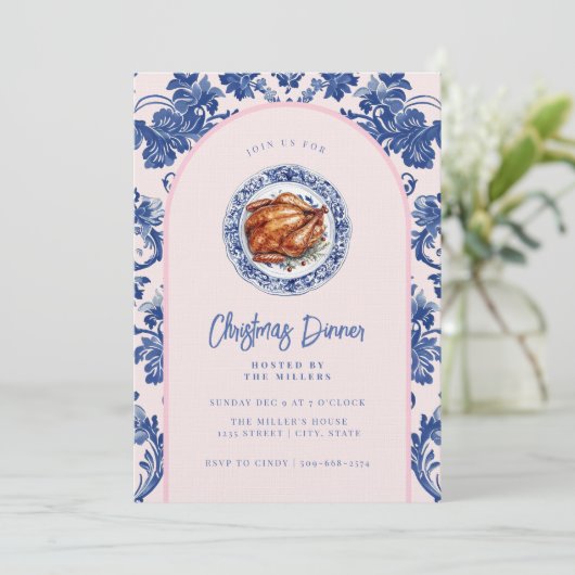 Roze en blauw Grandmillennial kerstdiner Kaart (Staand voorkant)