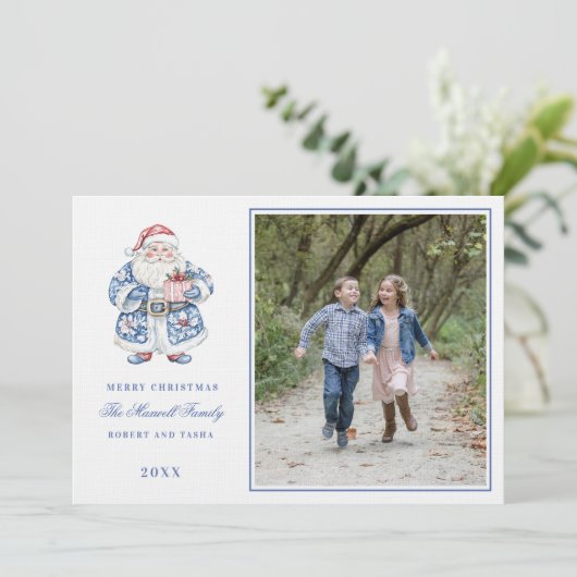 Roze en Blauw Grandmillennial Santa Foto Kaart (Staand voorkant)