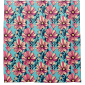 Roze en Blauw Grote Bloemen Patroon Douchegordijn (Voorkant)