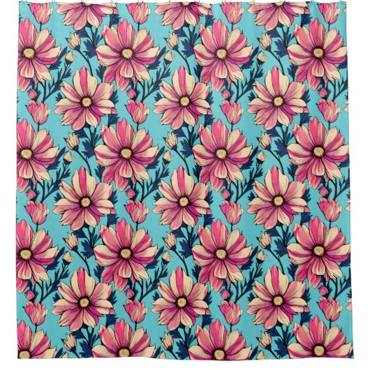 Roze en Blauw Grote Bloemen Patroon Douchegordijn (Voorkant)