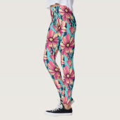 Roze en Blauw Grote Bloemen Patroon Leggings (Links)