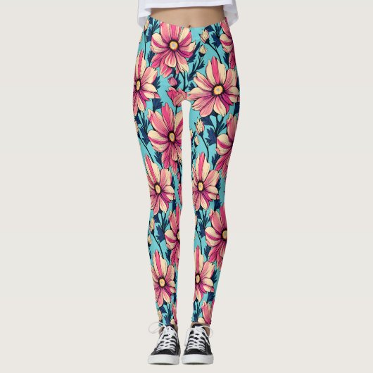 Roze en Blauw Grote Bloemen Patroon Leggings (Voorkant)