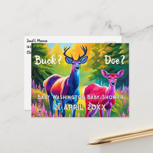 Roze en Blauw Herten Geslacht onthullen Briefkaart (Voorkant / Achterkant in situ)