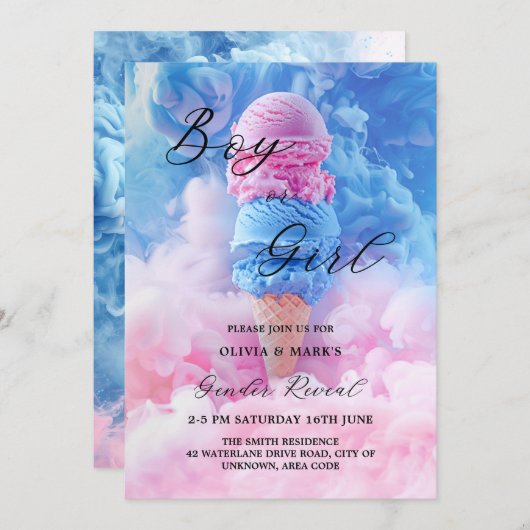 Roze en Blauw Ice Cream Scoop Smoke Geslacht onthu Kaart (Voorkant / Achterkant)