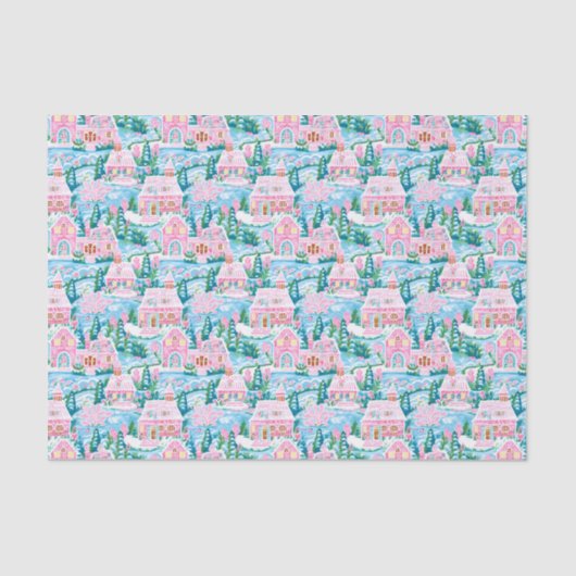 Roze en Blauw Kerst Gingerbread Village Tissuepapier (Voorkant)