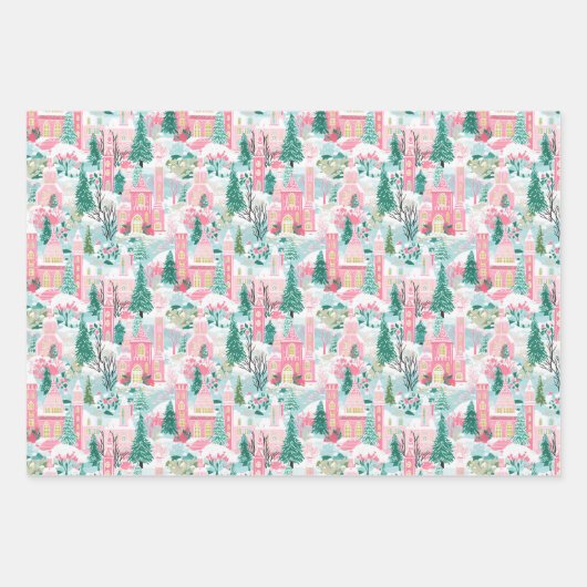 Roze en Blauw Kerstdorp Inpakpapier Vel (Voorkant 3)