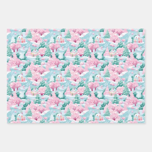 Roze en Blauw Kerstdorp Inpakpapier Vel (Voorkant 2)