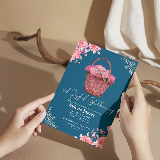 Roze en blauw mandje floraal vrijgezellenfeest kaart