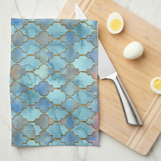 Roze en Blauw Maroccan patroon Theedoek (Quarter Fold)