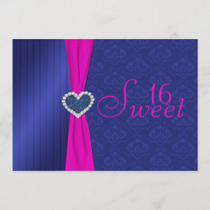 Roze en blauw met Glitter Heart Sweet Sixteen Kaart