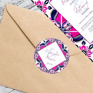 Roze en blauw Mexicaanse tegels bruiloft Ronde Sticker